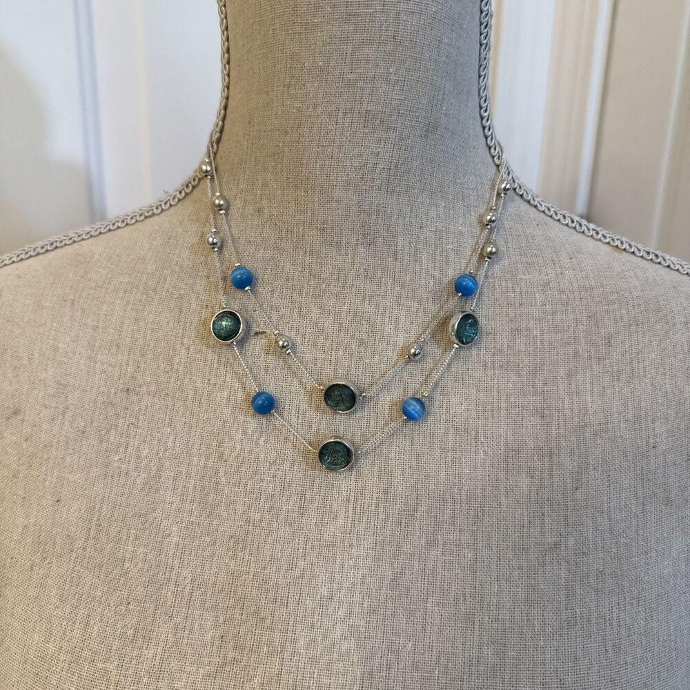 VINTAGE AQUA BEADED NECKLACE unbranded Turquoise And Silver Two Strand